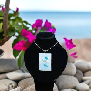 Bold geometric fused glass necklace Artisan handmade teal white coastal jewelry